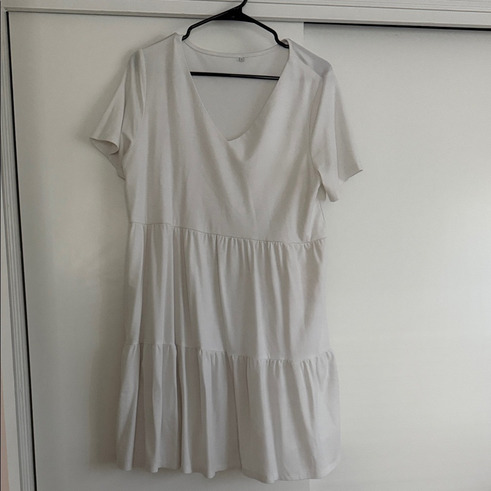 V-Neck Short Sleeve White Tiered Dress